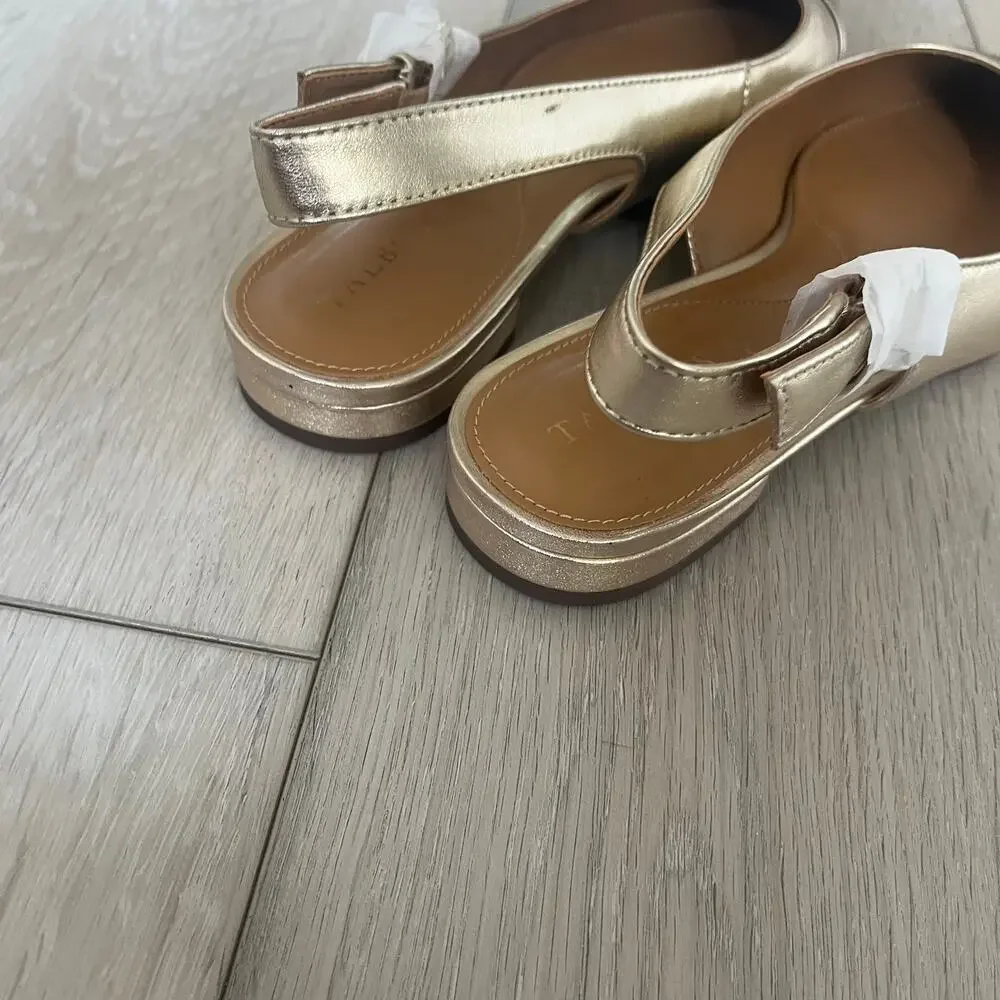 Talbots 'Edison' Womens 9M Metallic Slingback Cap Toe Flat Gold Shoe